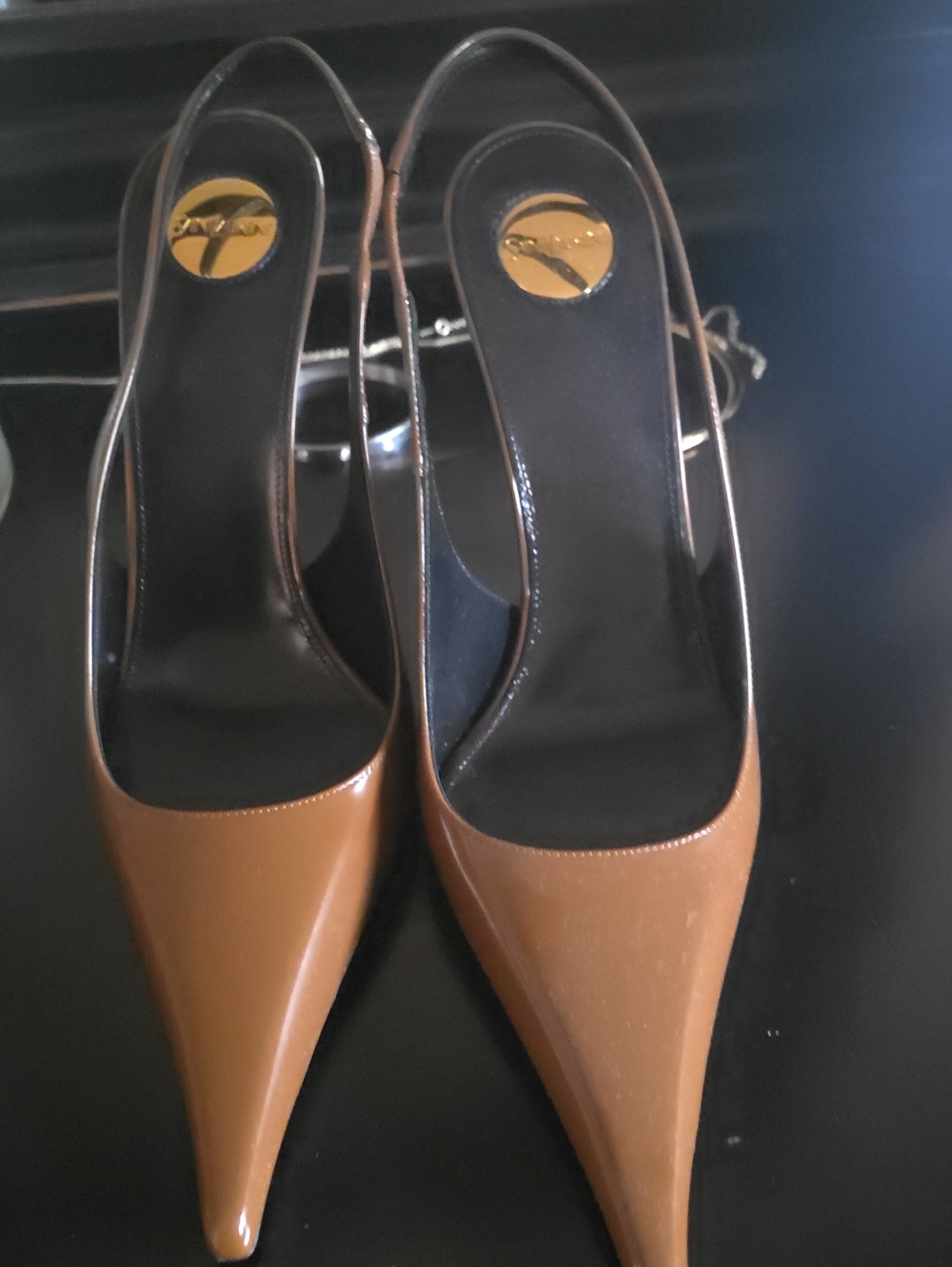 Saint Laurent Tan Patent Pointed-Toe Slingback Pumps